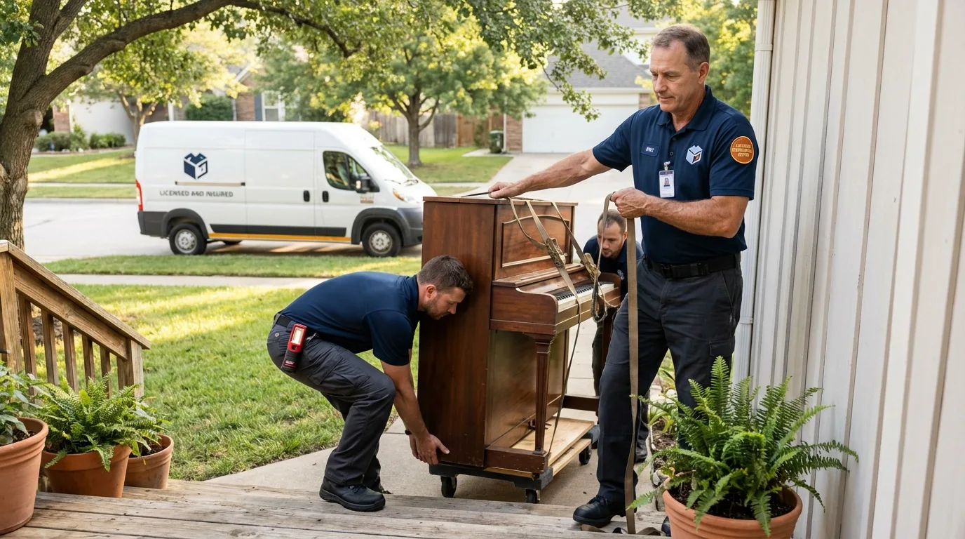 Licensed piano movers securing grand piano in Bryan, OH