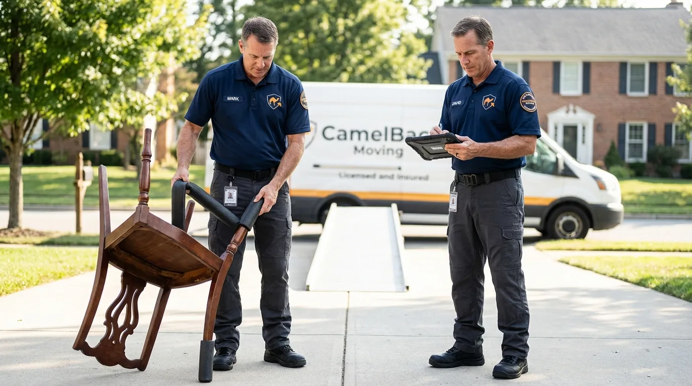Movers inspecting furniture for damage prevention before loading in Bryan, OH