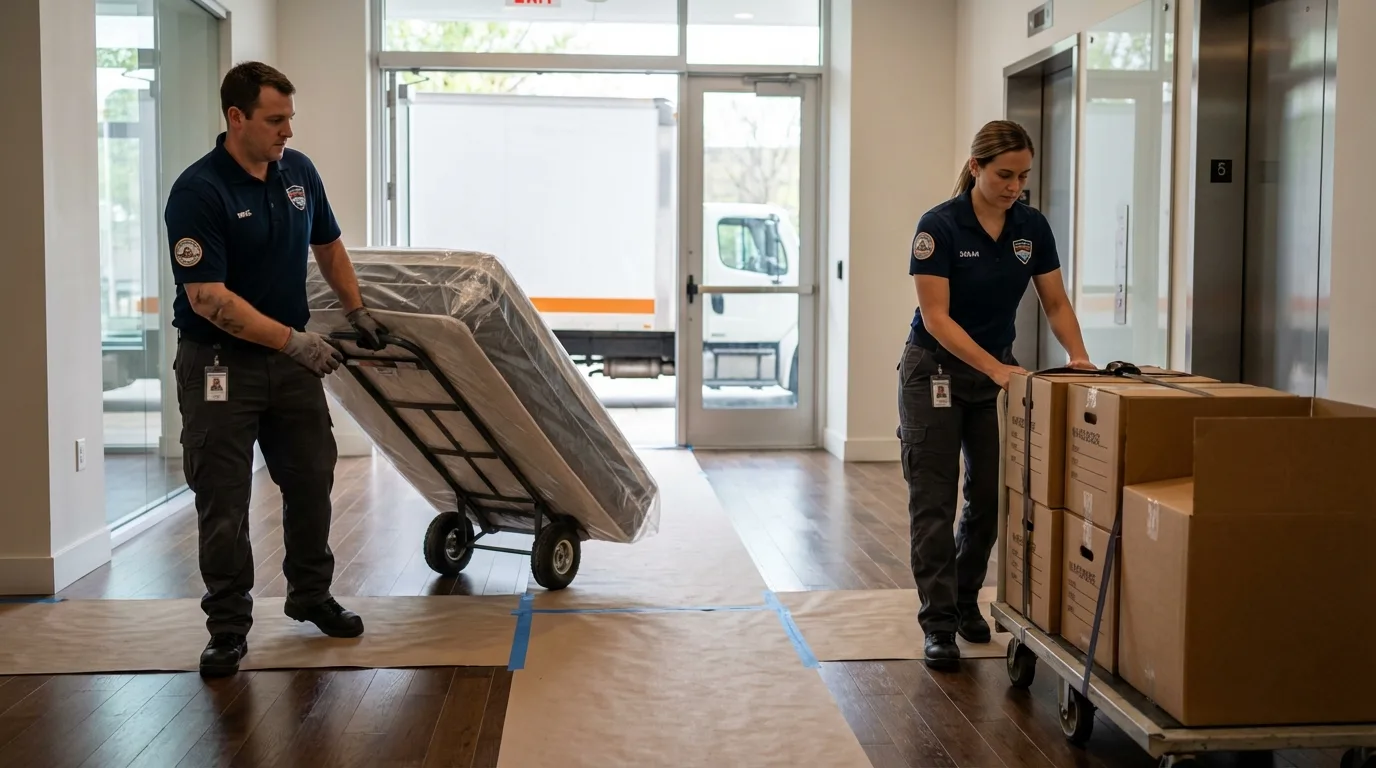 Professional apartment movers loading elevator in Bryan, OH